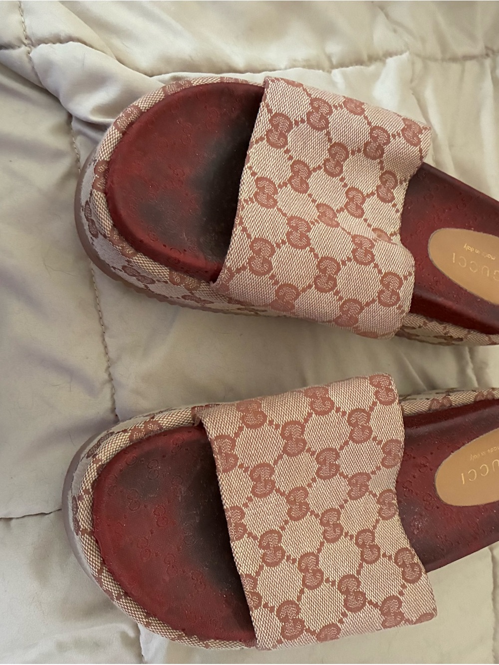 Authentic Gucci Beige & Dusty Pink GG Canvas Platform Slide Sandals